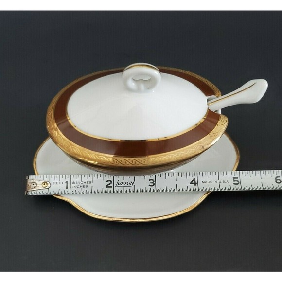 Richard Ginori Palmero Brown China Mustard Pot Tureen with Underplate & Spoon - Picture 11 of 12